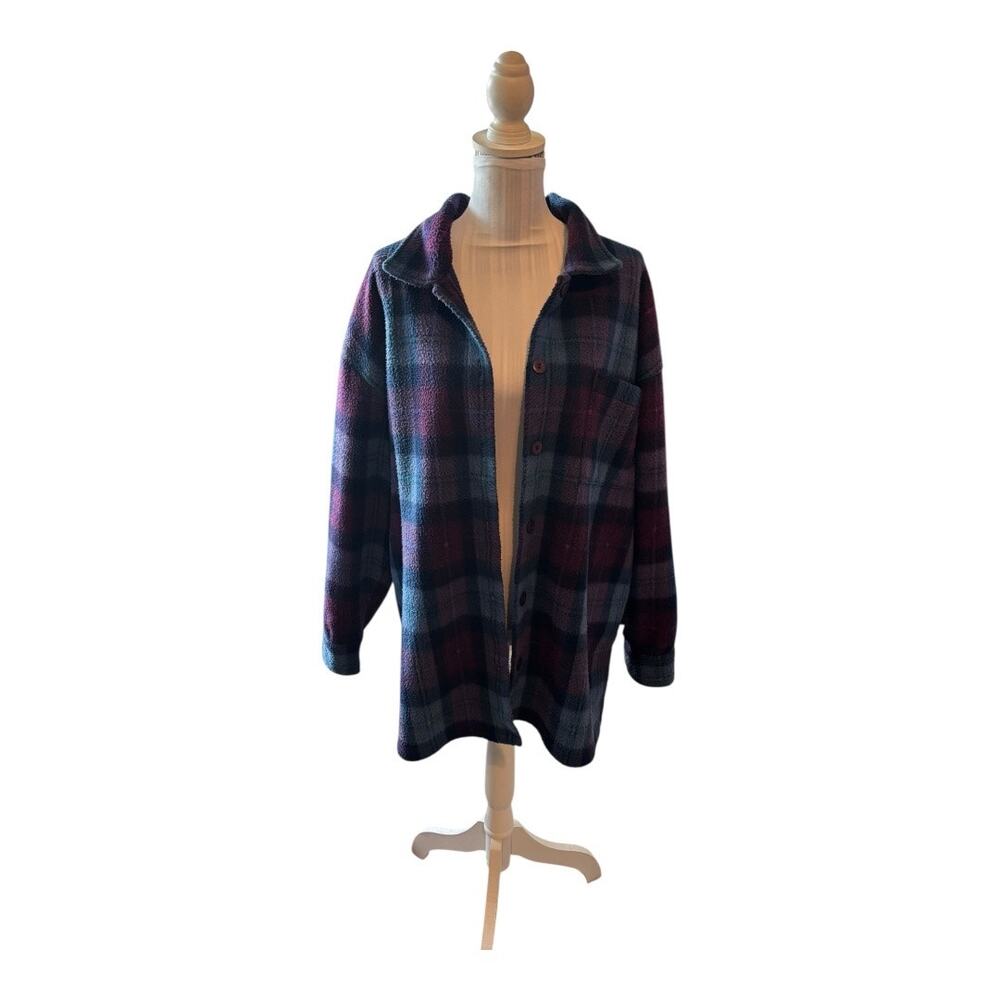 New York Jeans Blue Plaid Fleece Jacket Oversized Shirt Size L